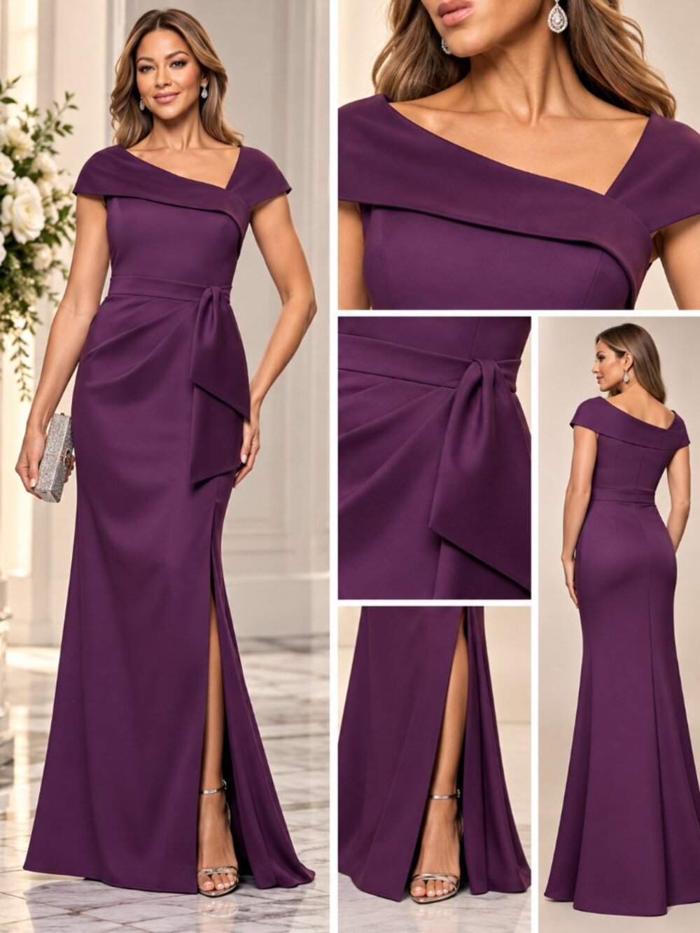 XSCAPE Plum Purple Petite Off Shoulder Draped Formal Maxi Gown NWT Size 16P